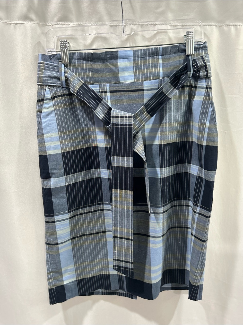 Ann Taylor Blue and Gray Plaid Pencil Skirt with Front Tie